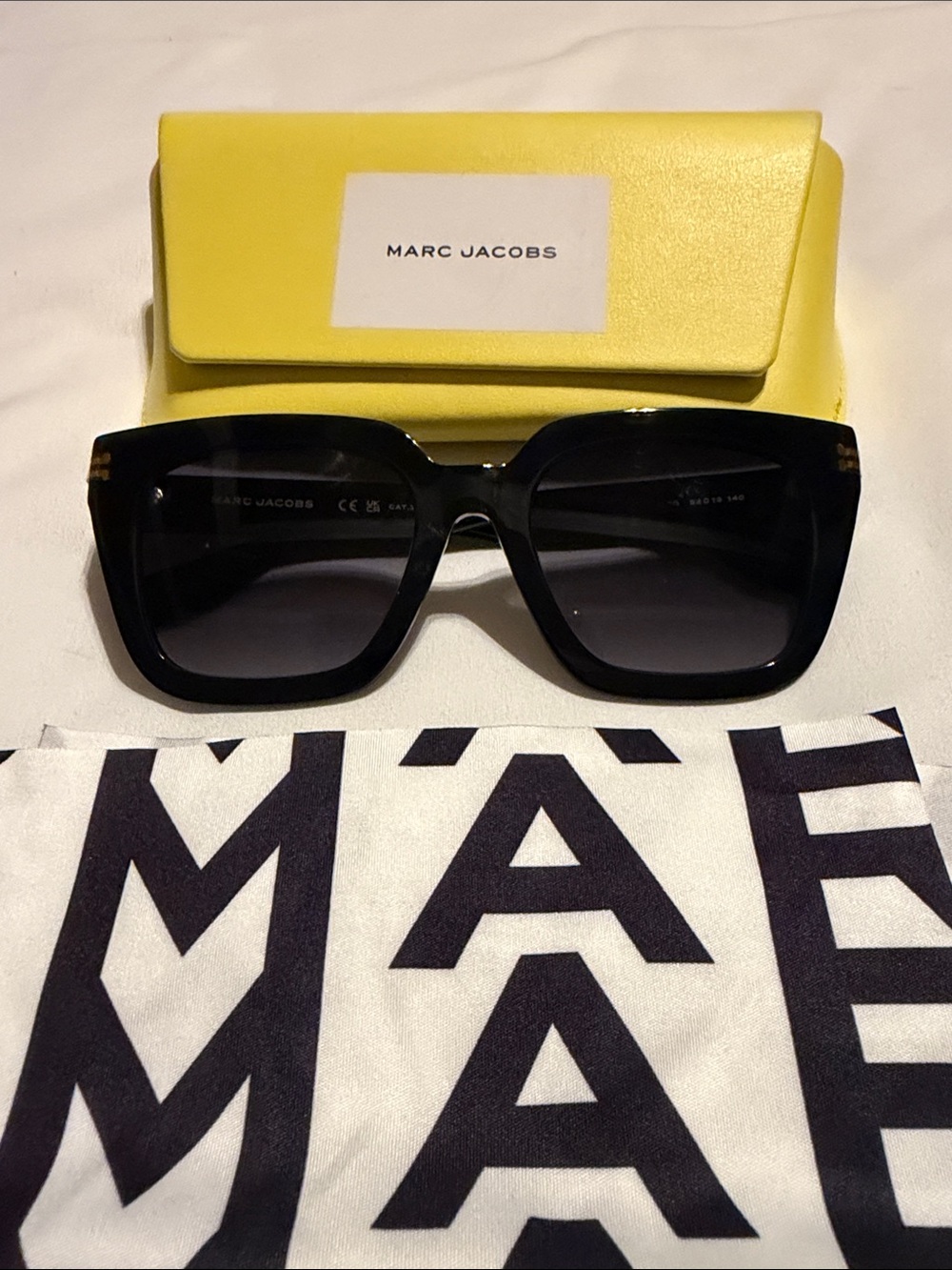 Marc Jacobs Black Square Sunglasses with Yellow Case and Logo Pouch